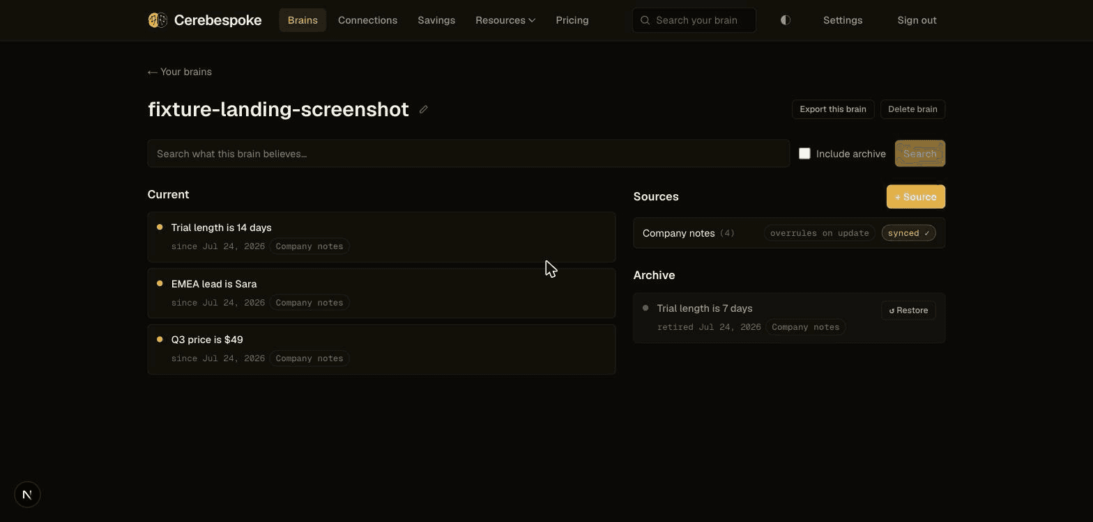 Brain Detail screen: current facts in gold, retired facts in grey with a restore option, and each fact's source shown alongside it